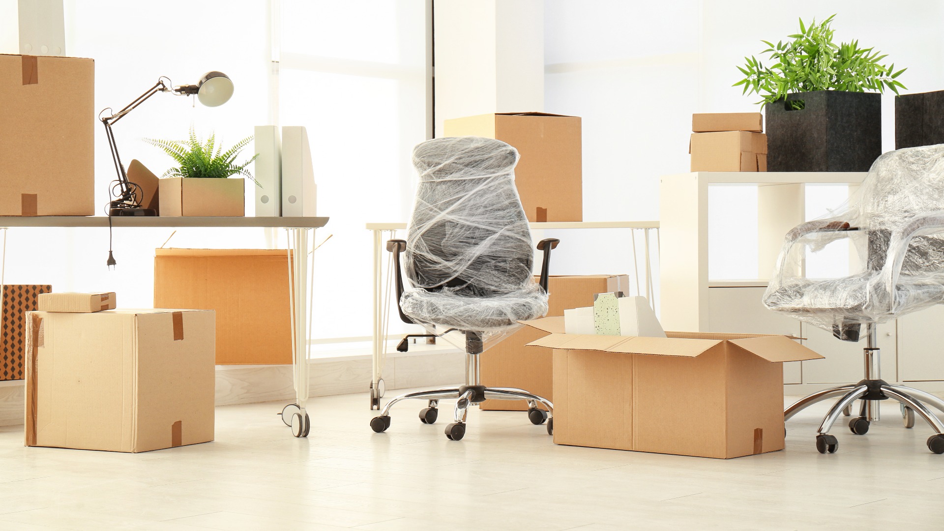 Umzugskartons und Möbel im neuen Büro
