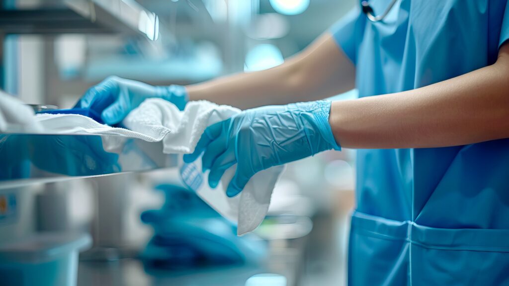 Nahaufnahme der Hände einer Reinigungskraft im blauen Laborkittel und mit Handschuhen, die mit einem Tuch im Krankenhaus putzt
